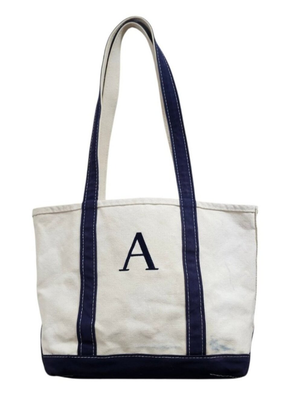 L.L.Bean Boat and Tote Canvas Bag Navy Natural Monogram A Made in USA